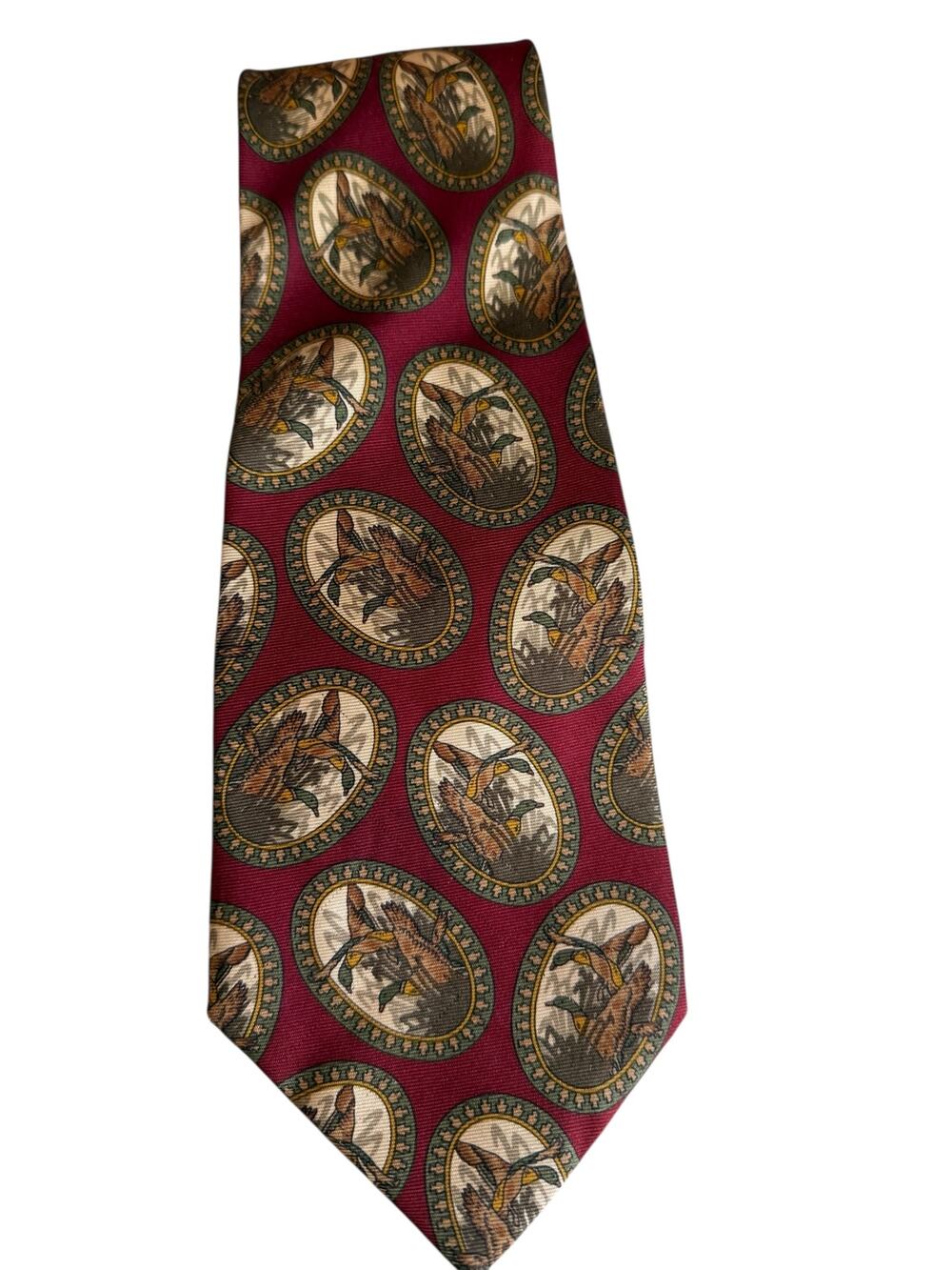 Loewe Silk Neck Tie Mallard Duck Print Maroon Olive Green
